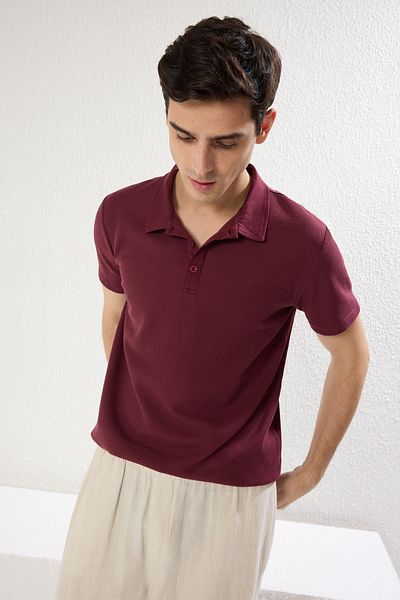 Trendyol Collection Plum Slim/Slim Cut Textured Buttons 100% bavlna Polo tričko s výstřihem TMNSS20PO0002