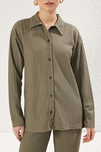 Trendyol Modest Khaki Textured Button Knitted Bottom-Top Suit Tctss25Us00010