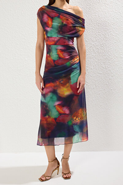 Trendyol Collection Vícebarevný potisk lemované tylové pletené stylové šaty Tprss25El00015