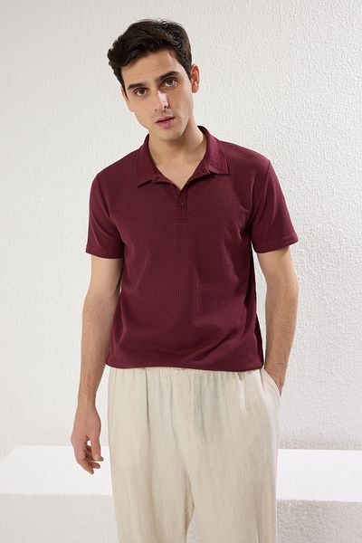 Trendyol Collection Plum Slim/Slim Cut Textured Buttons 100% bavlna Polo tričko s výstřihem TMNSS20PO0002