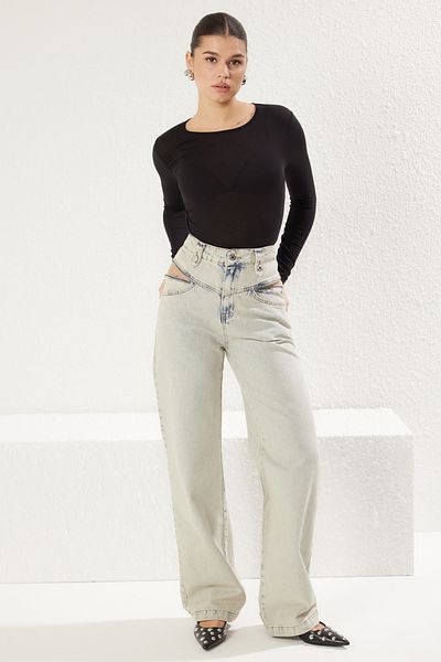Trendyol Collection Blugi cu talie înaltă albastru deschis cu picioare largi - Detaliați cu fermoar TWOAW25JE00033