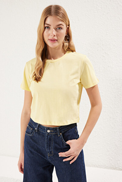Trendyol Collection Pack of 2 100% Cotton Burgundy-Light Yellow Crop Crew Neck T-Shirts - Twoss20Ts1480