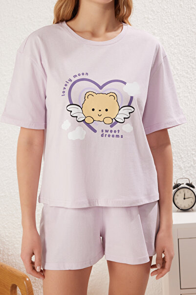 Trendyol Collection Lilac 100% Cotton Printed Knitted Pajamas Set Thmss25Pt00198