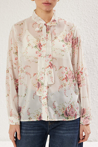 Trendyol Collection Ecru Lacing Detail Floral Print Chiffon Fabric Woven Shirt Twoss25Go00044