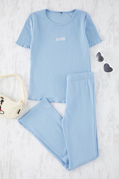 TRENDYOLKIDS Set tricou și jambiere din bumbac albastru deschis pentru fete - TKDSS25AU00020