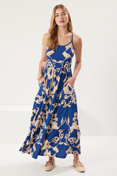 Trendyol Collection Blue Printed Pool Neck Strap Skater/Belt Opening Stretchy Maxi Knitted Dress Twoss25El00527