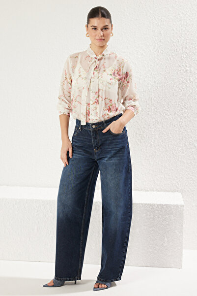 Trendyol Collection Ecru Lacing Detail Floral Print Chiffon Fabric Woven Shirt Twoss25Go00044