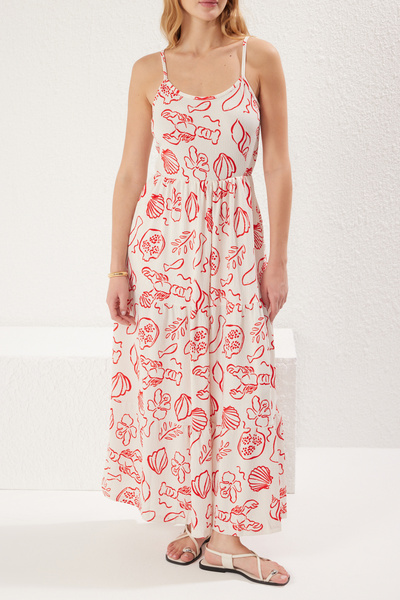 Trendyol Collection Ecru Printed Pool Neck Strap Skater/Belt Opening Stretchy Maxi Knitted Dress Twoss25El00527