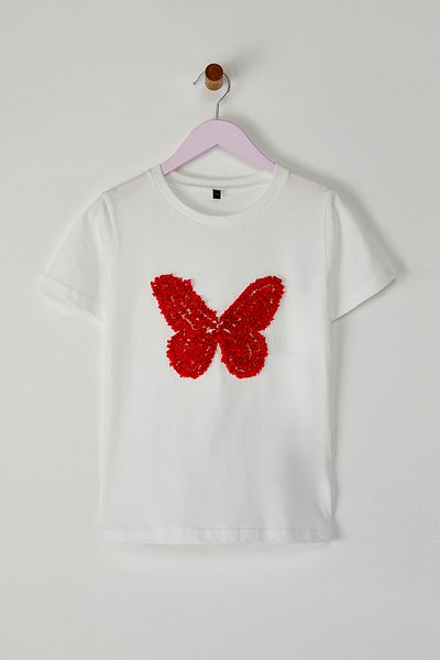 TRENDYOLKIDS Ecru pletené dívčí tričko s motýlkem - Tkdss25Ts00035