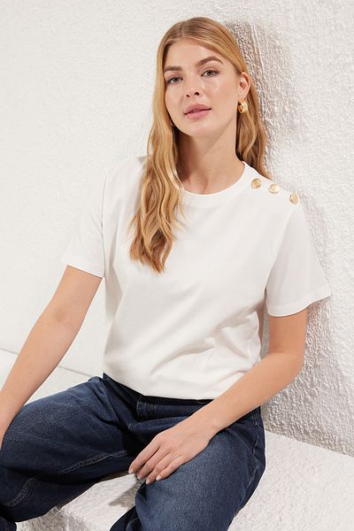 Trendyol Collection Ecru 100% Cotton Gold Button Detail Regular/Normal Fit Knitted T-Shirt Twoss25Ts00039