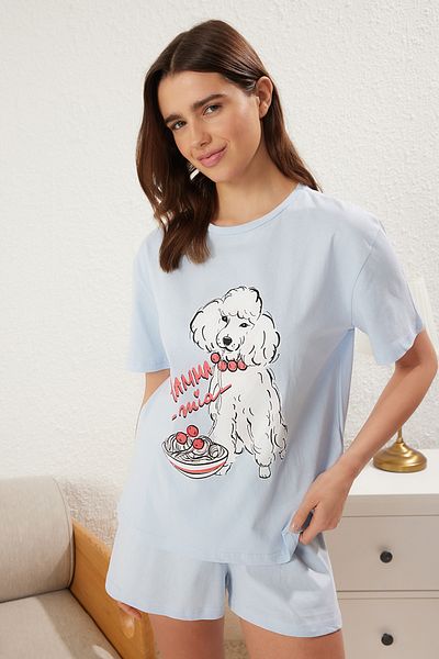 Trendyol Collection Set pijamale tricotate cu jerseu simplu albastru THMSS25PT00272