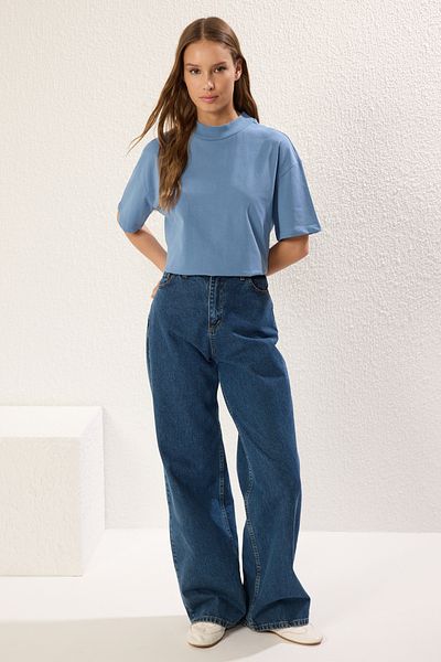 Trendyol Collection Indigo 100% bavlna Pletené tričko se stojáčkem a tříčtvrtečním rukávem TWOSS24TS00074
