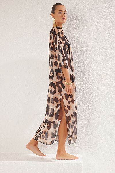 Trendyol Collection Leopárdmintás Maxi szőtt nyakkendős sifon strandruha TBESS25EL00006