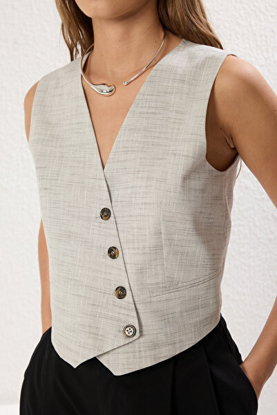 Trendyol Collection Limited Edition Khaki Crop Fitted Button Detailed Woven Linen Look Vest Twoss23Ye00016