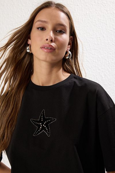 Trendyol Collection Comfortable Fit Black Embroidered Cotton T-Shirt - Twoss25Ts00098