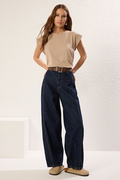 Trendyol Collection Blugi cu balon cu talie înaltă, cu cusături arcuite, albastru închis, maro, TWOSS25JE00182