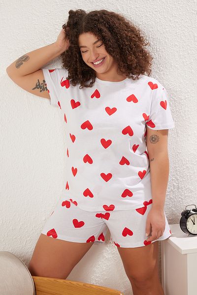 Trendyol Curve White Heart Pattern Knitted Pajamas Set Tbbss25Ai00005