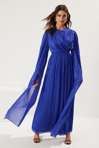 Trendyol Modest Tkané večerní šaty s námořnickou modří Stříbrné šifonem Tctss25Db00013