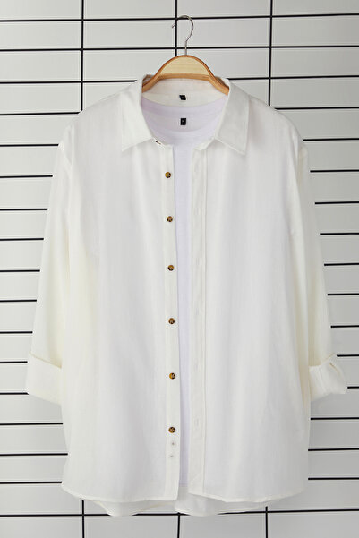 Trendyol Collection White Regular Fit Epaulettes Wrinkled Effect Linen Look Large Size Shirt