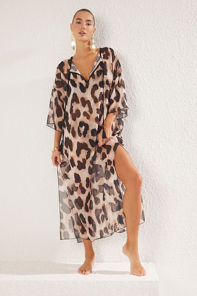 Trendyol Collection Leopárdmintás Maxi szőtt nyakkendős sifon strandruha TBESS25EL00006