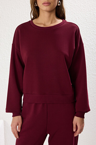 Trendyol Collection Bordó, normál/normál szabású, vastag nyakú, kötött tréningruha szett TWOSS25EM00001