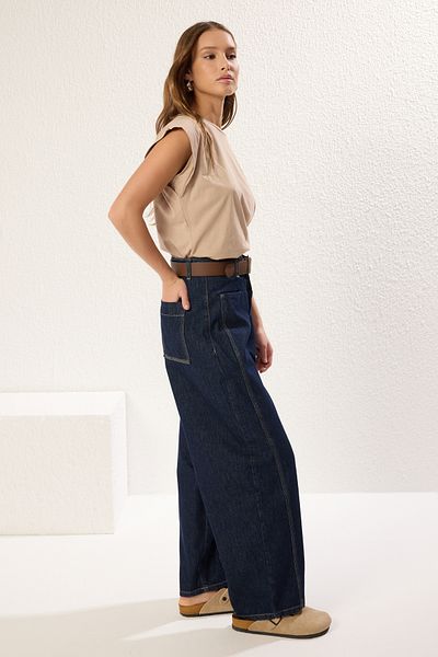 Trendyol Collection Blugi cu balon cu talie înaltă, cu cusături arcuite, albastru închis, maro, TWOSS25JE00182