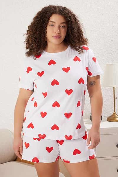 Trendyol Curve White Heart Pattern Knitted Pajamas Set Tbbss25Ai00005