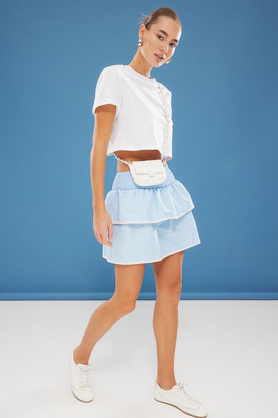 Trendyol Collection Fusta albastră cu șold cu volane Fusta țesătă de lungime mini TWOSS25ET00075