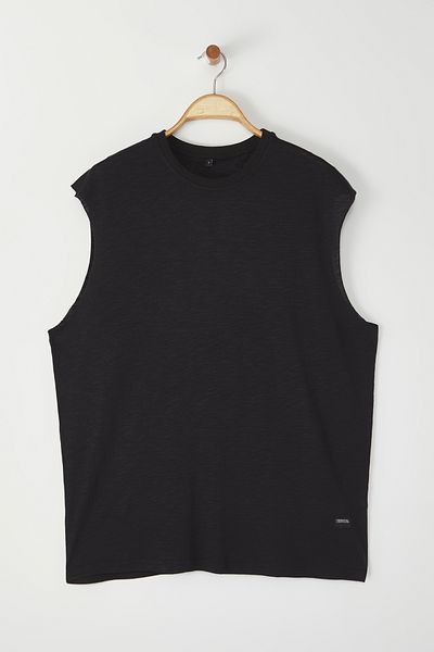 Trendyol Collection Schwarzes, übergroßes/weit geschnittenes Basic-T-Shirt/Unterhemd aus 100 % Baumwolle ohne Ärmel TMNSS25AL00002