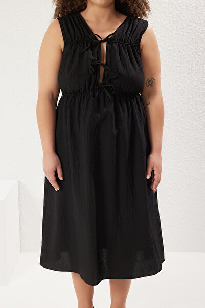 Trendyol Curve Black Summer Sleeveless Midi Woven Plus Size Dress Tbbss25Ah00033
