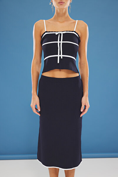 Trendyol Collection Navy Blue Striped Knitwear Blouse and Skirt Set - Ribbon Detail, Twoss25Au00063