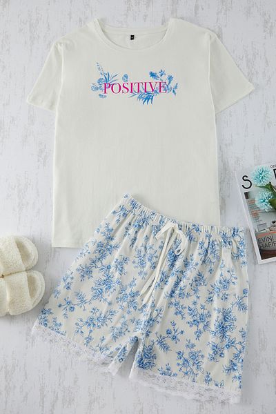 Trendyol Curve Ecru-Blue Floral Print Lace-Up Waist Knitted Pajamas Set - Tbbss25Ai00027