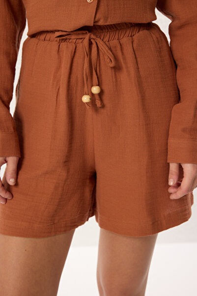 Trendyol Collection Brązowy muślin bawełniany materiał tkany podwójny zestaw góra-dół TWOSS25AU00040