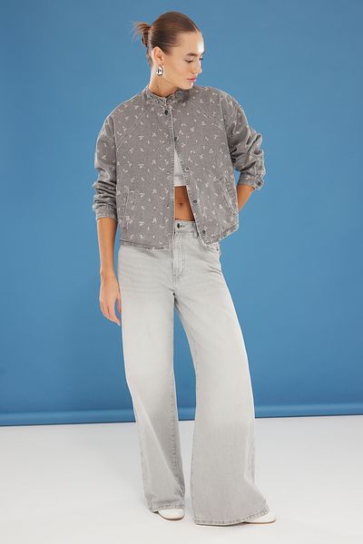 Trendyol Collection Grey Floral Print Oversize Denim Bomber Jacket Twoss25Ce00042