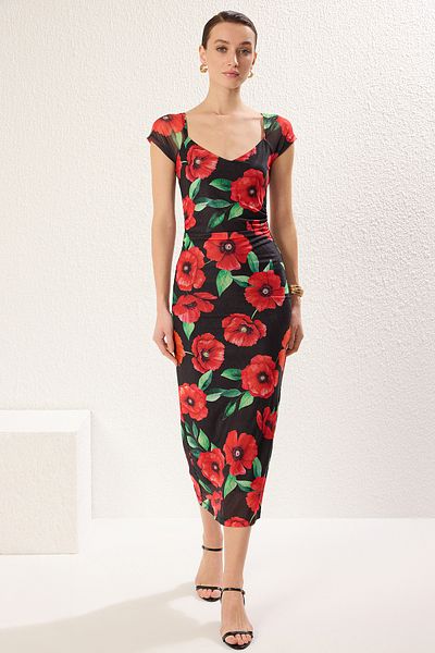 Trendyol Collection Μαύρο φλοράλ κορμάκι/Σώμα εφαρμοστό μίντι πλεκτό φόρεμα TWOSS25EL00081