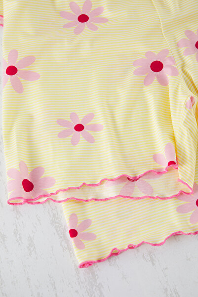 Trendyol Curve Yellow Stripe and Floral Print Knitted Pajamas Set Tbbss25Ai00030