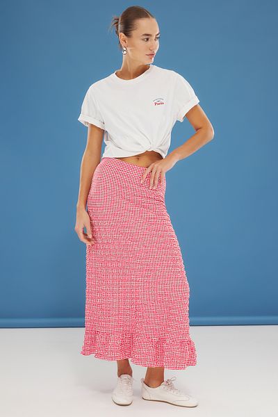 Trendyol Collection Roter Webrock aus Seersucker mit Gingham-Muster in Maxi-Länge TWOSS25ET00048
