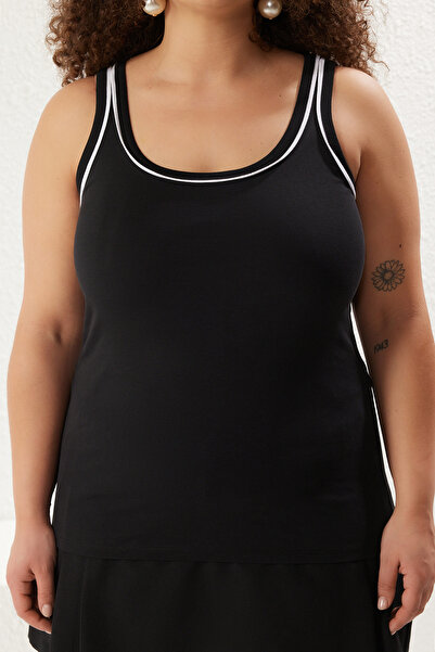 Trendyol Curve Plus Size Black Halter Neck Tank Top - Contrast Piping Detail, Soft Fabric Tbbss25Cv00007