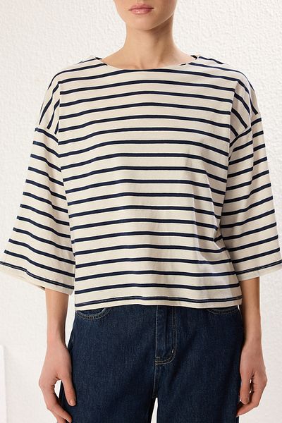Trendyol Collection Comfortable Fit Navy Blue Striped Three Quarter Sleeve T-Shirt - Twoss25Ts00115