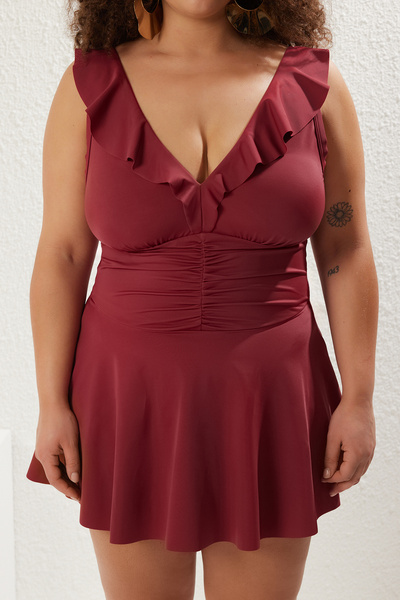 Trendyol Curve Plus Size Burgundy Swimsuit - Ruffle Neckline and Drawstring Waist Skirt Tbbss25Am00018