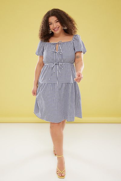 Trendyol Curve Plus Size Multicolor Plaid Mini Dress - Short Balloon Sleeves Tbbss25Ah00071