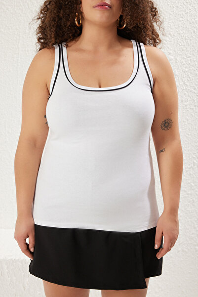 Trendyol Curve Plus Size White Halter Neck - Contrast Piping, 100% Cotton Undershirt Tbbss25Cv00007