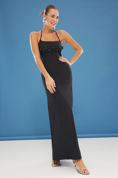Trendyol Collection Μαύρο φόρεμα αποφοίτησης με λουλούδια απλικέ υφαντό μάξι βραδινό φόρεμα