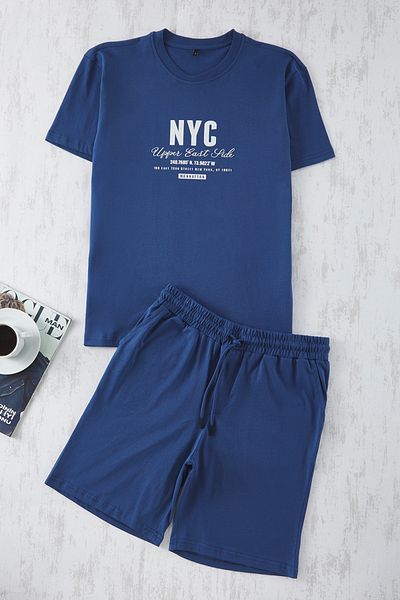 Trendyol Collection Sada pyžama Indigo Print Regular Fit – s šortkami TMNSS25PT00013