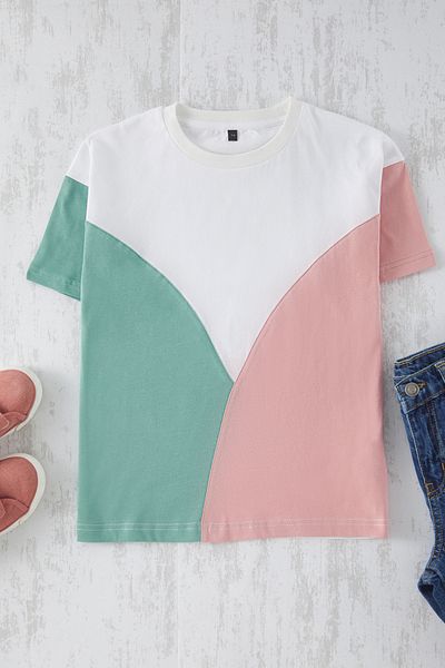 TRENDYOLKIDS Ecru Color Block Dziewczęca Dzianinowa Koszulka Tkdss25Ts00068