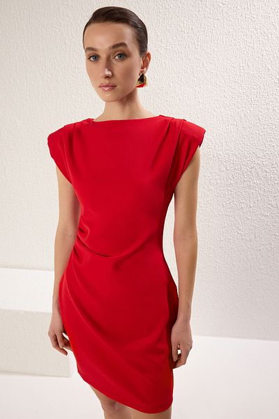 Trendyol Collection Red Body Wrap Shoulders Battery Detail Mini Woven Dress Twoss25El00455