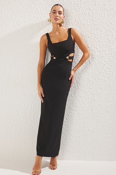 Trendyol Collection Schwarzes, gewebtes, langes, stilvolles Abendkleid mit Accessoire-Detail TPRSS25AE00079