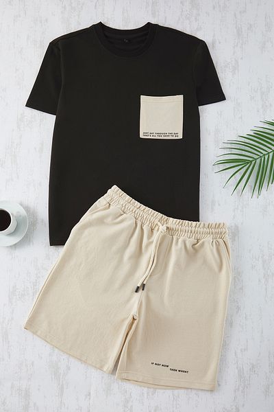 Trendyol Collection Bedrucktes Pyjama-Set in schwarzer Steinfarbe mit normaler Passform und gestrickten Shorts – TMNSS25PT00009