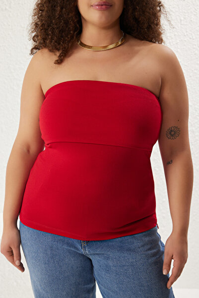 Trendyol Curve Κόκκινη πλεκτή μπλούζα με στράπλες λαιμόκοψη με φερμουάρ Crepe TBBSS24AF00092