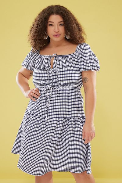Trendyol Curve Plus Size Multicolor Plaid Mini Dress - Short Balloon Sleeves Tbbss25Ah00071